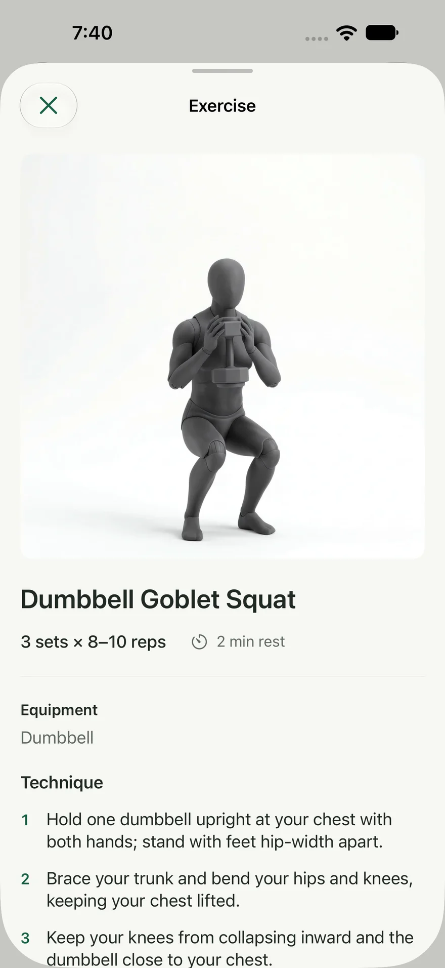 What Set goblet squat exercise screen, with full-body demonstration, three sets of eight to ten reps, rest, equipment, and technique cues.