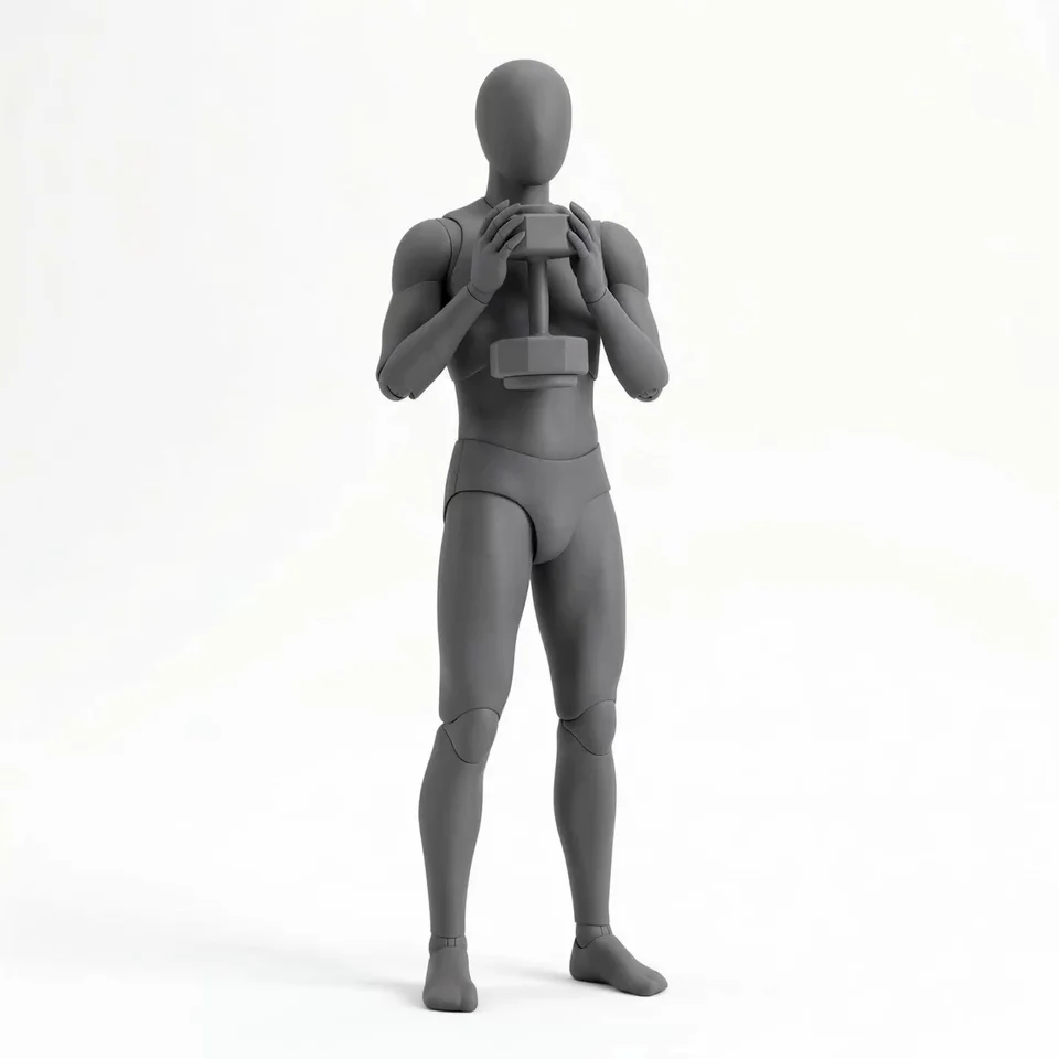 Full-body demonstration of a goblet squat, holding a dumbbell at chest height.