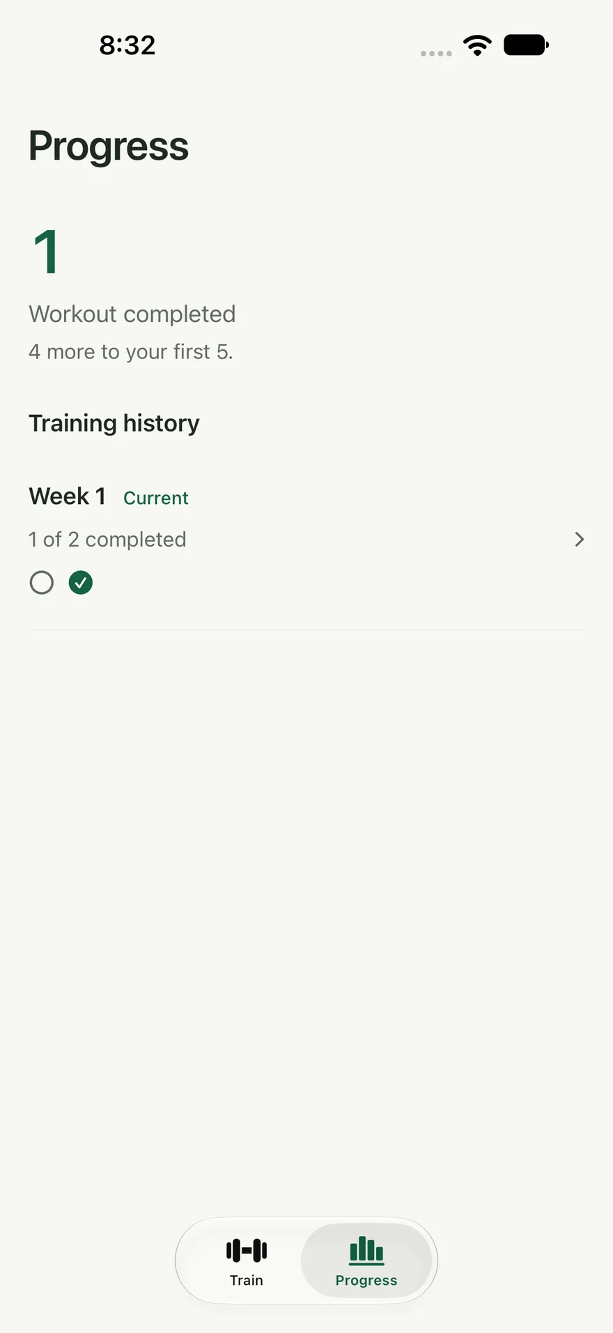 What Set Progress screen showing an example history with one completed workout and progress toward the first five workouts.